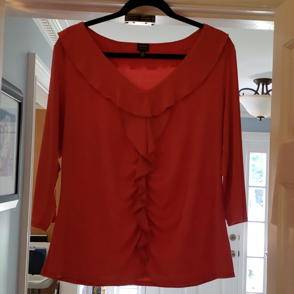 Rafaella Studio, burnt orange, ruffle blouse